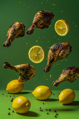 Levitating Roast Chicken Drumsticks with Lemon Slices and Herbs on a Vibrant Green Background AI Generativeの素材