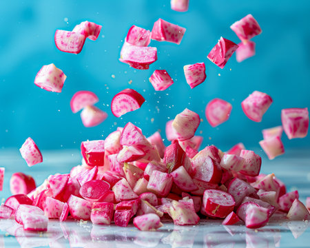 Vibrant Pink Heart Shaped Candy Sprinkles Falling on a Blue Background Celebratory Sweet Treats and Party Decorations AI Generativeの素材