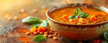 Warm Homemade Lentil Soup with Carrots, Tomatoes, and Basil in a Rustic Bowl on a Wooden Table with Natural Lighting AI Generativeの素材