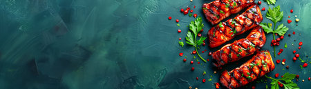 Vibrant Grilled Lobster Tails with Garlic Butter and Herbs on Dark Slate Background AI Generativeの素材