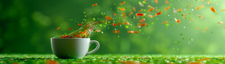 Magical Cup with Flying Orange Leaves and Splash on Green Background with Copy Space AI Generativeの素材