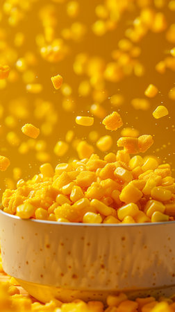 Vibrant Motion Freeze Image of Fresh Yellow Corn Kernels Splashing Around White Bowl on Golden Background AI Generativeの素材