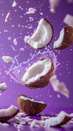 Fresh Coconut in Dynamic Motion with Splashing Milk on Vibrant Purple Background Tropical Fruit Concept AI Generativeの素材