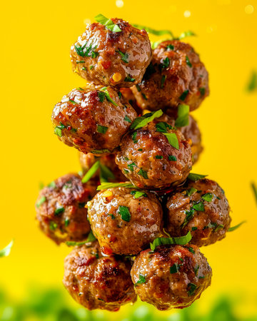 Delicious Homemade Meatballs Seasoned with Parsley on Vibrant Yellow Background Appetizing Cuisine Concept AI Generativeの素材