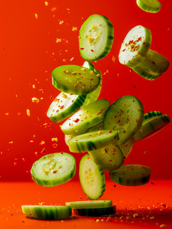 Fresh Cucumber Slices Tossed in Air with Spices on Vibrant Orange Background in High Speed Photography AI Generativeの素材
