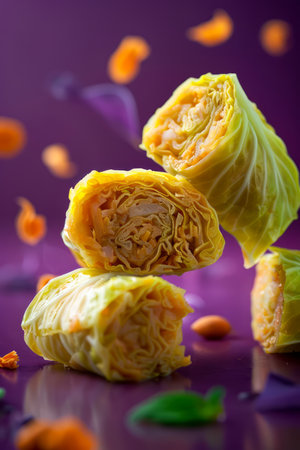 Levitating Savory Cabbage Rolls on a Vibrant Purple Background with Falling Carrot Slices AI Generativeの素材