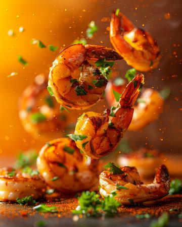 Captivating High Speed Capture of Seasoned Shrimp Tossed in the Air with Herbs and Spices AI Generativeの素材