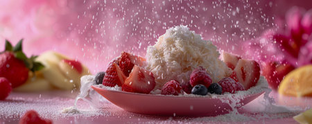 Sprinkling Sugar on a Colorful Assorted Fresh Fruit Salad with Whipped Cream Against a Pink Background AI Generativeの素材