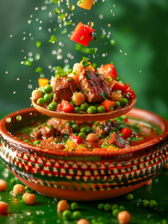 Vibrant Levantine Stew with Juicy Beef, Chickpeas, Peas, and Fresh Herbs in Traditional Earthenware Under a Shower of Chopped Vegetables AI Generativeの素材