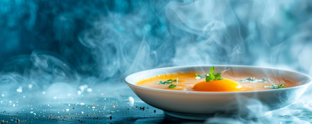 Steaming Hot Bowl of Homemade Pumpkin Soup With Fresh Herbs on Mystical Blue Background Gourmet Winter Comfort Food Concept AI Generativeの素材