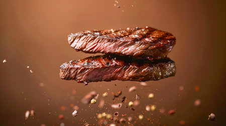 Juicy Grilled Steak Pieces in Mid Air with Spices on Warm Brown Background Perfect for Restaurant Menus and Food Blogs AI Generativeの素材