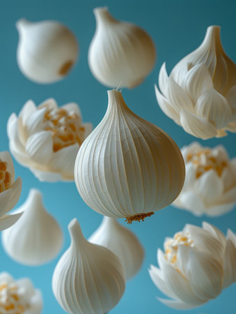 Fresh Whole and Clove Garlic Bulbs Floating Against a Blue Background AI Generativeの素材