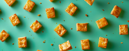 Colorful Flat Lay of Cheese Crackers Scattered on a Vibrant Green Background with Copy Space AI Generativeの素材