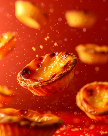 Delectable Portuguese Egg Tarts Suspended in Mid Air with Crispy Crust and Sweet Custard Filling Against a Warm Red Background AI Generativeの素材