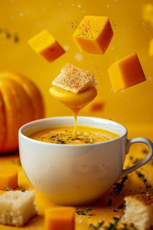 Captivating High Speed Shot of Pumpkin Soup with Flying Ingredients Against Yellow Background AI Generativeの素材