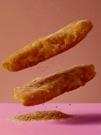 Crispy Deep Fried Chicken Tenders Suspended in Mid Air with Crumbs Falling on Pink Background AI Generativeの素材