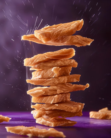 Crispy Golden Fried Chicken Fillets Stacked in Mid Air with Crumbs Flying Against a Purple Background Fast Food Concept Photography AI Generativeの素材