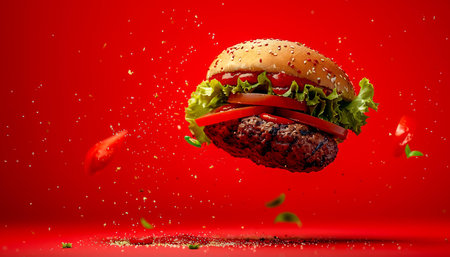 Delicious Fresh Burger with Juicy Patty and Crisp Vegetables Levitating Against Vibrant Red Background AI Generativeの素材
