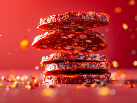 Crispy Salami Chips with Hot Pepper Flakes on a Vibrant Red Background Gourmet Snack Concept AI Generativeの素材