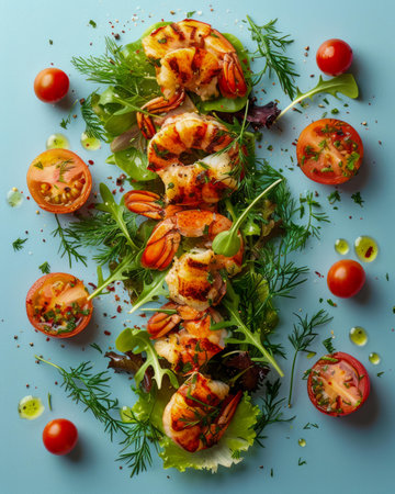 Fresh Grilled Shrimp Salad with Mixed Greens, Cherry Tomatoes, and Herbs on a Blue Background Healthy Seafood Concept AI Generativeの素材