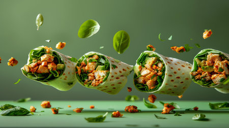 Fresh Chicken Salad Wraps with Greenery Suspended in Mid Air on a Seamless Green Background AI Generativeの素材