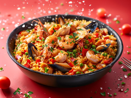 Delicious Seafood Paella in Black Pan on Red Background with Shrimps, Mussels, Fresh Herbs and Lemon Garnish Traditional Spanish Cuisine Concept AI Generativeの素材