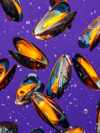Colorful Fresh Mussels Floating with Bubbles on Vibrant Violet Background Seafood Concept AI Generativeの素材