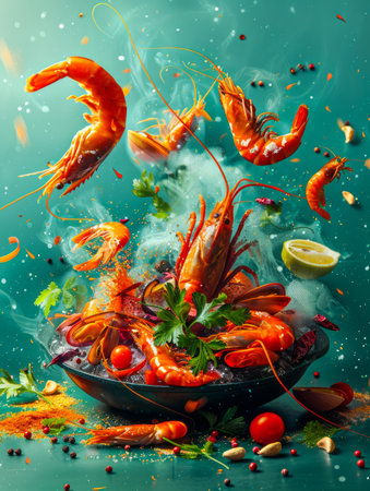 Dynamic Seafood Display with Shrimps Flying Above a Bowl with Lemon, Herbs, and Tomatoes on Blue Background AI Generativeの素材