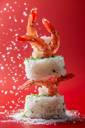 Creative Presentation of Shrimp and Rice Dish with Dynamic Splashing Salt on Red Background AI Generativeの素材