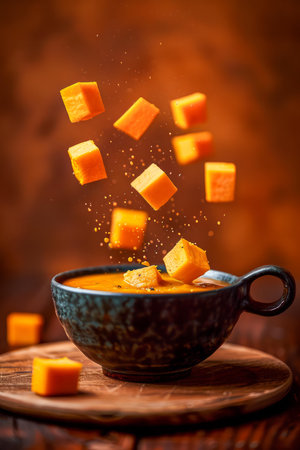 Elevated View of Orange Pumpkin Soup with Floating Diced Vegetables on Rustic Wooden Table Background AI Generativeの素材