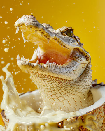 Dynamic Close up of a Crocodile Emerging from Coconut Milk Splash against a Vibrant Yellow Background AI Generativeの素材