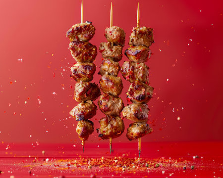 Delicious Barbecued Meat Skewers with Seasonings on Red Fiery Background Perfect for Food Promotions AI Generativeの素材