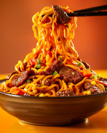 Delicious Yakisoba Noodles with Beef and Vegetables in a Bowl with Chopsticks on a Warm Toned Background AI Generativeの素材