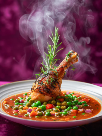 Delicious Roasted Chicken Leg on Plate with Steaming Vegetables and Aromatic Herbs on Elegant Purple Background AI Generativeの素材