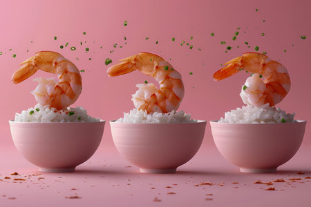 Elegant Presentation of Shrimp on Top of Rice Bowls with Sprinkling Herbs on Pink Background Culinary Delight AI Generativeの素材