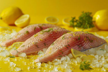 Fresh Raw Fish Fillets with Herbs and Lemon Slices on Bright Yellow Background for Gourmet Seafood Cuisine Concept AI Generativeの素材