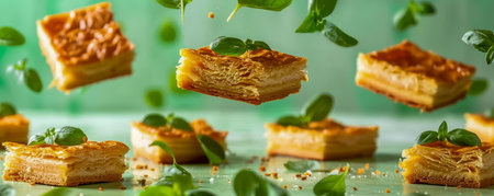 Golden Baked Layered Pastry Slices Sprinkled with Fresh Herbs on a Green Background, Artistic Food Presentation AI Generativeの素材