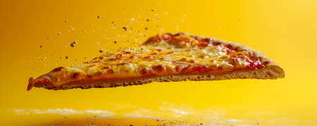 Sizzling Hot Cheese Pizza Slice with Toppings Flying Against Vibrant Yellow Background Perfect for Food Ads AI Generativeの素材