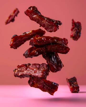 Levitating Beef Jerky Snack Pieces Against Pink Background in Suspended Animation AI Generativeの素材