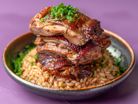 Succulent Roasted Pork Belly Served on Bed of Rice with Chives Gourmet Cuisine Presentation AI Generativeの素材