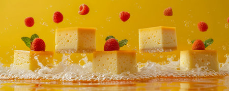 Refreshing Citrus Background with Slices of Cheesecake Topped with Fresh Raspberries and Mint Leaves AI Generativeの素材