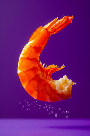Vibrant Single Shrimp Suspended in Mid Air Against a Bold Purple Background Seafood, Culinary Art, Healthy Eating Concept AI Generativeの素材