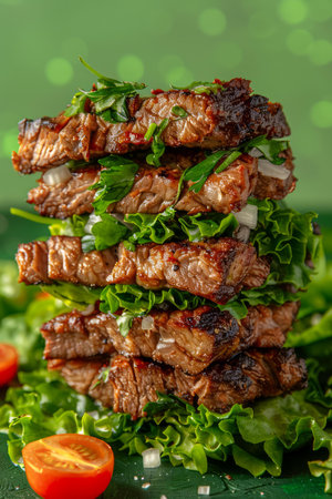 Juicy Grilled Steak Stacked on Fresh Lettuce with Parsley and Cherry Tomatoes on Green Background AI Generativeの素材