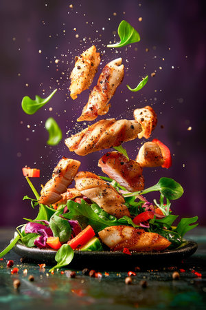 Dynamic Levitating Grilled Chicken Strips over Fresh Mixed Garden Salad with Herbs and Spices on Dark Background AI Generativeの素材
