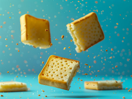 Dynamic Image of Levitating Cracker Biscuits with Crumbs Falling on a Blue Background AI Generativeの素材
