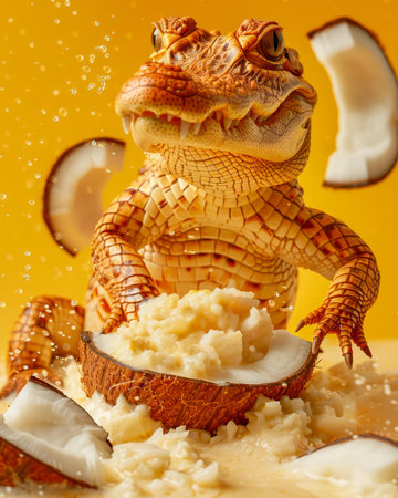 Creative Food Concept Featuring a Smiling Carved Potato Alligator Surrounded by Tropical Fruit Slices on a Vibrant Yellow Background AI Generativeの素材