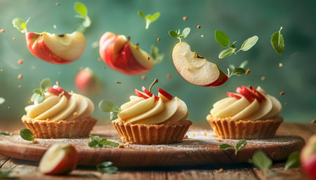 Fresh Apple Cupcakes with Cream Cheese Frosting and Sliced Apples in Airy, Magical Levitation on Rustic Wooden Table AI Generativeの素材