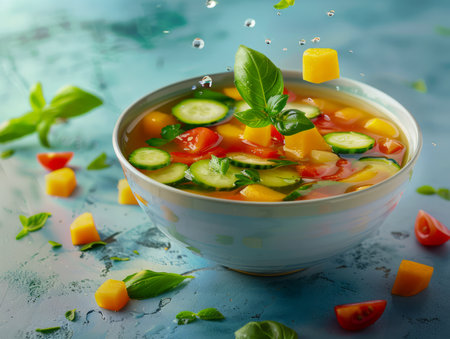 Fresh Homemade Vegetable Soup with Basil in White Bowl on Blue Background with Splashing Water Droplets AI Generativeの素材
