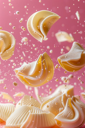 Colorful Pasta Shells Suspended in Air with Splashes on Pink Background, Creative Italian Cuisine Concept AI Generativeの素材