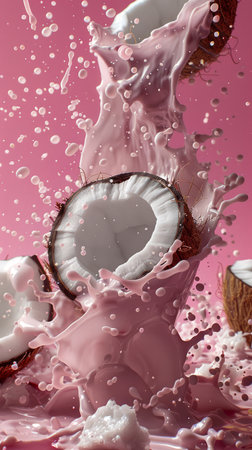 Dynamic Coconut and Milk Splash on a Vibrant Pink Background for Freshness Concept AI Generativeの素材